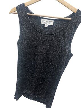 St John Black Metallic Sparkle Knit Sweater Shell with Scalloped Hem